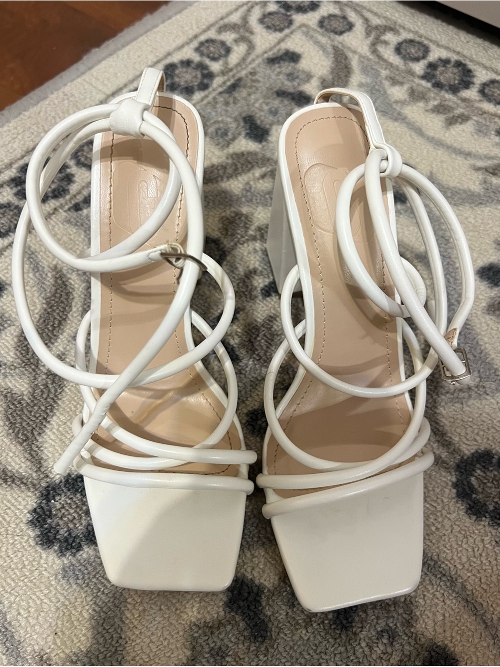 White Strappy Square-Toe Heeled Sandals with Wrap Straps